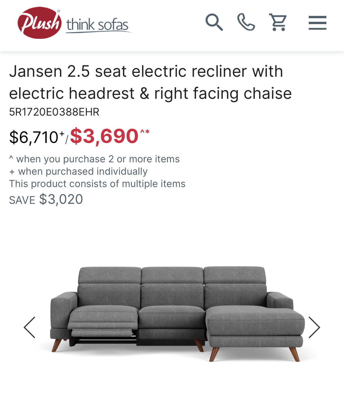 Plush 2.5 seat Electric Recliner with Chaise