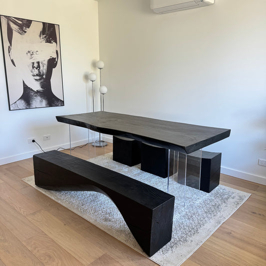 Modern Design Black Solid Wood Dining Table + Bench and Stools