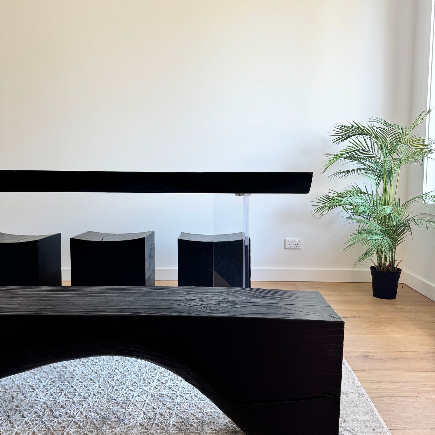 Modern Design Black Solid Wood Dining Table + Bench and Stools