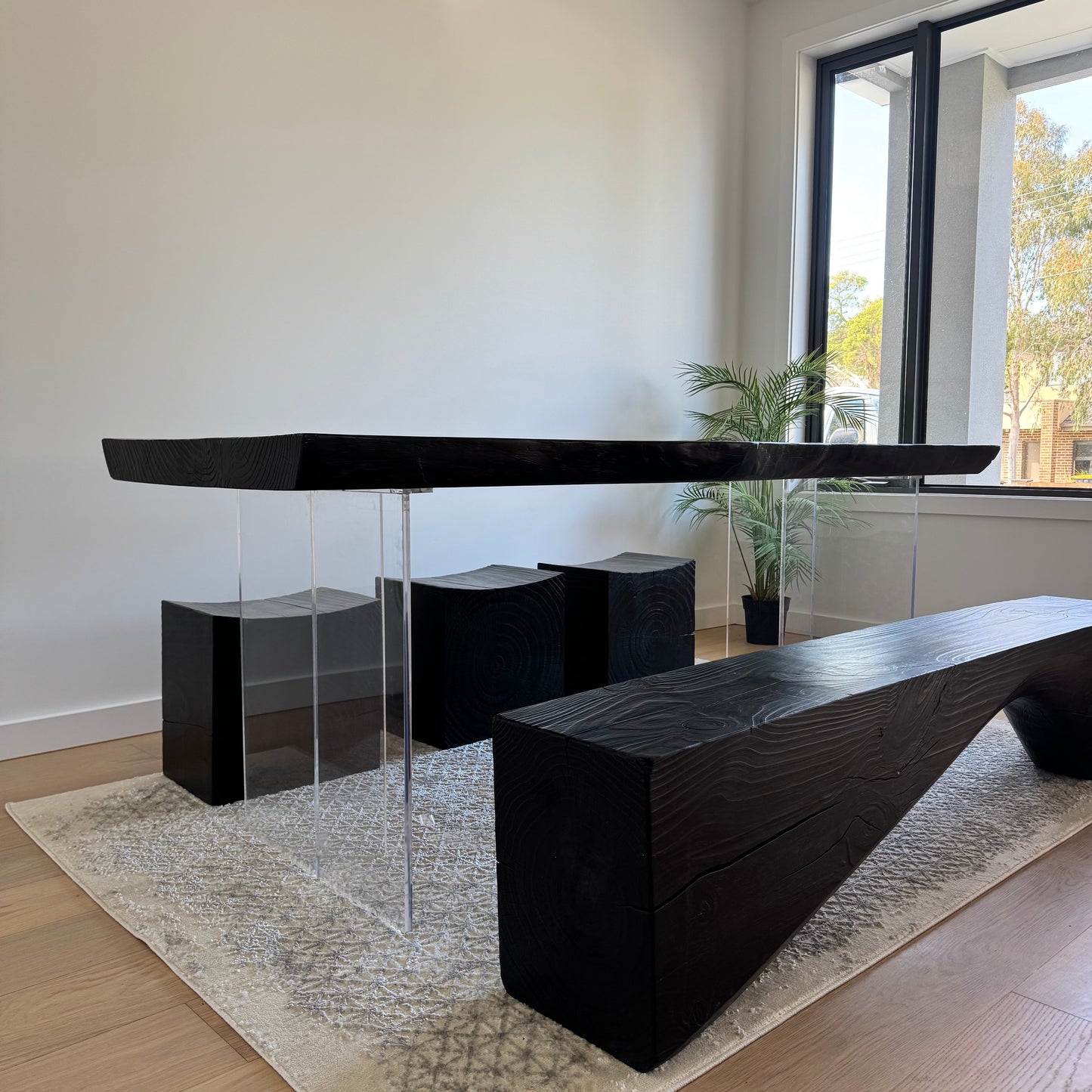 Modern Design Black Solid Wood Dining Table + Bench and Stools