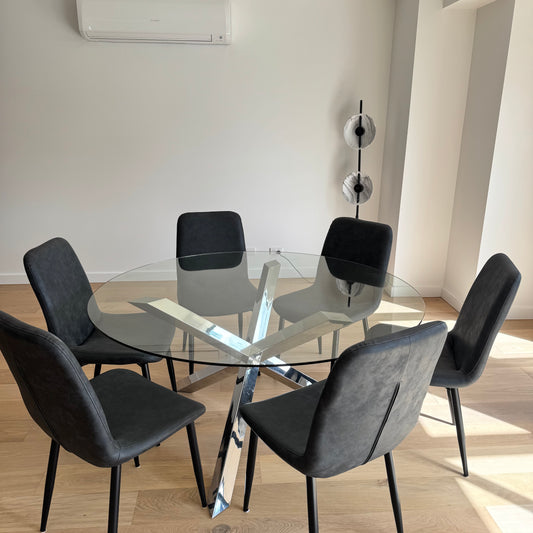 NIck Scali Glass Dining Table with 6 Freedom Leather Chairs
